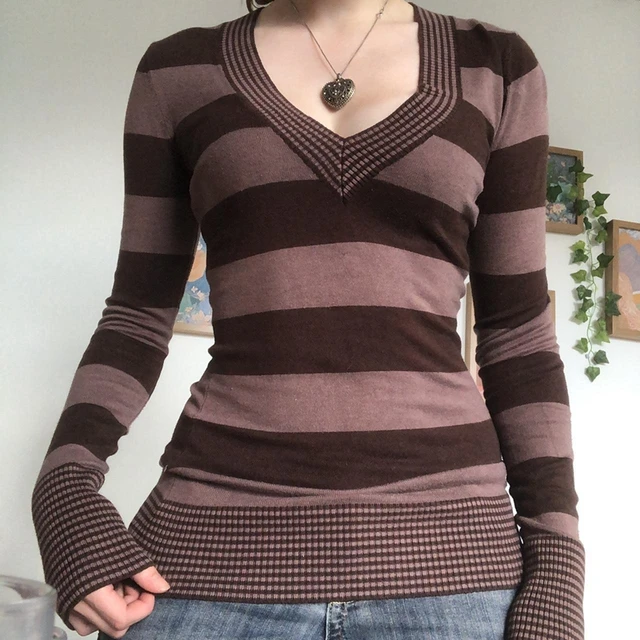 Y2k Knitted Top Fairy Grunge Clothes Women Striped V Neck Long Sleeve T  Shirt