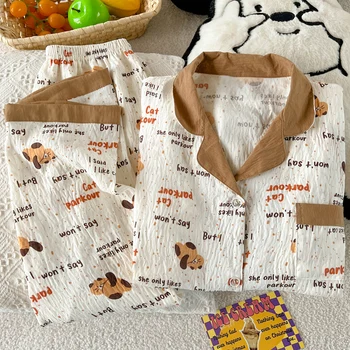 HelloKitty الحلو لطيف Harajuku نمط المرأة منامة الكرتون طباعة Kawaii موضة 2 قطعة مجموعة ملابس خاصة الخريف الشتاء ملابس منزلية جديدة 4