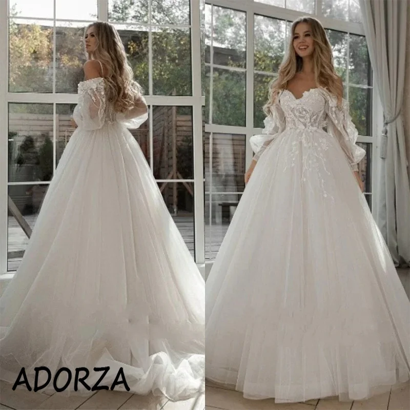 

ADORZA Wedding Dress Long Sleeves Lace Appliques A-line Bridal Gown Elegant Sweetheart Court Train Vestido De Noiva for Bride