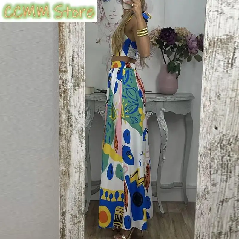 Elegant Women Long Maxi Dress Sets Fashion Printed Strappy Halter Dress Suits New Summer Sleeveless Short Top Two Piece Set
