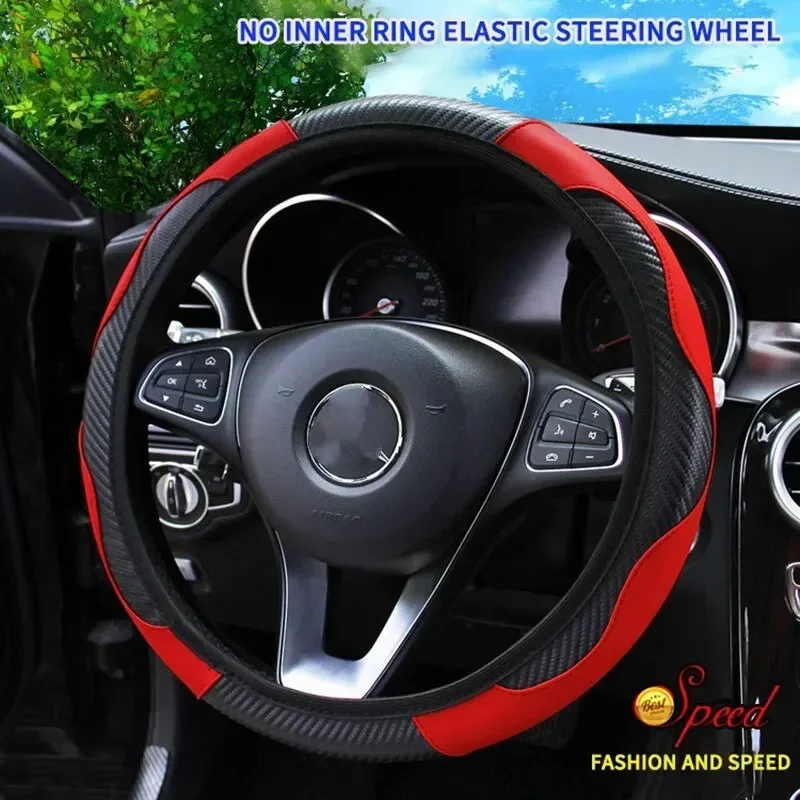 Car Steering Wheel Cover Breathable Anti Slip PU Leather Steering Covers Suitable 37-38.5cm Auto Decoration Carbon Fiber