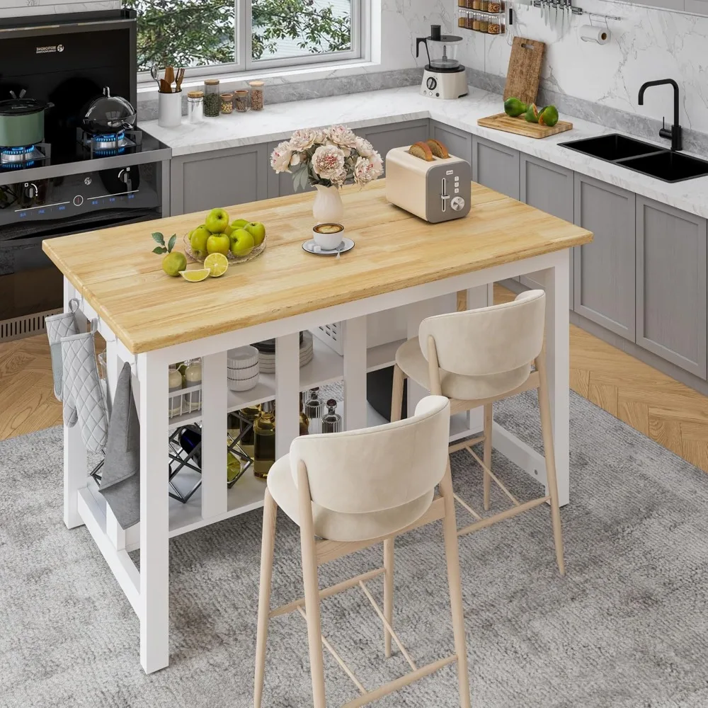 Solid Rubberwood Kitchen Island with Power Outlets