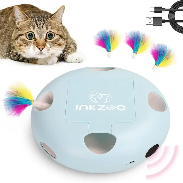 Cat toys, 7-hole smart sensor pop-up feather toys, USB powered indoor cat automatic kitten toys,Blue ﻿ 1