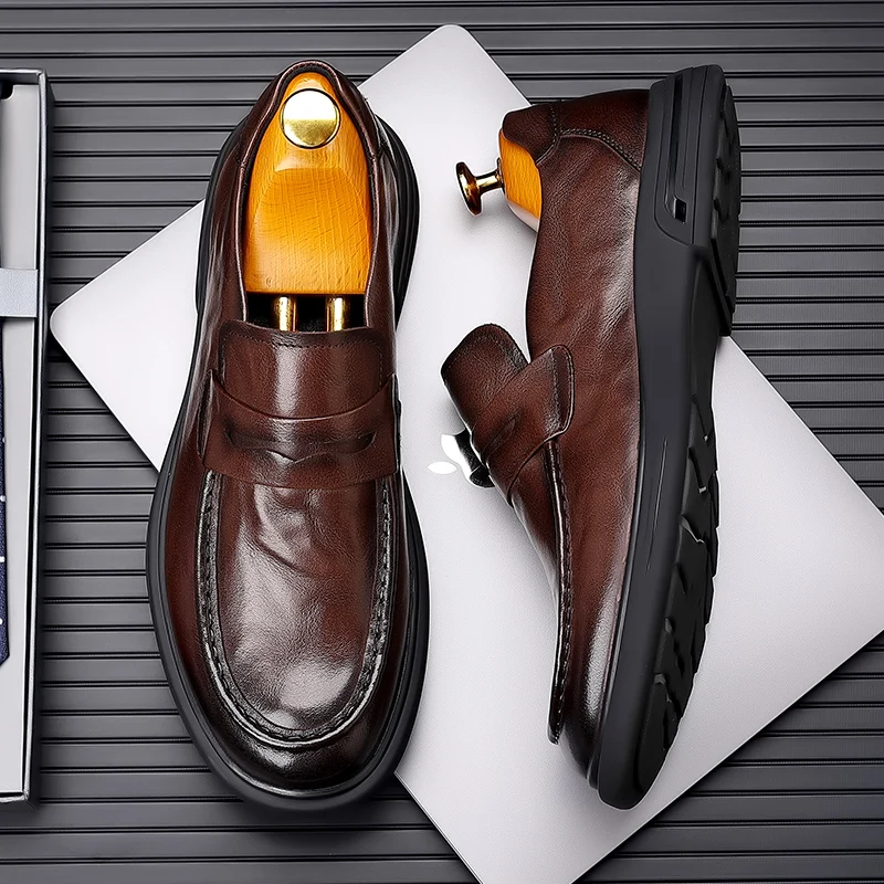 Leather Shoes Men's Business Casual Driving Breathable Slip on Flat Bottom