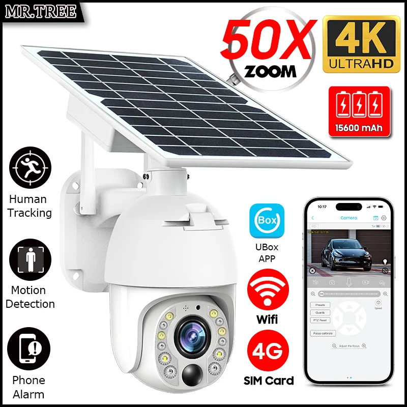 4G Solar Powered Outdoor Surveillance Camera 4K 50X Zoom Home Monitoring Wifi Security Protection Humanoid Tracking PTZ CCTV Cam 1