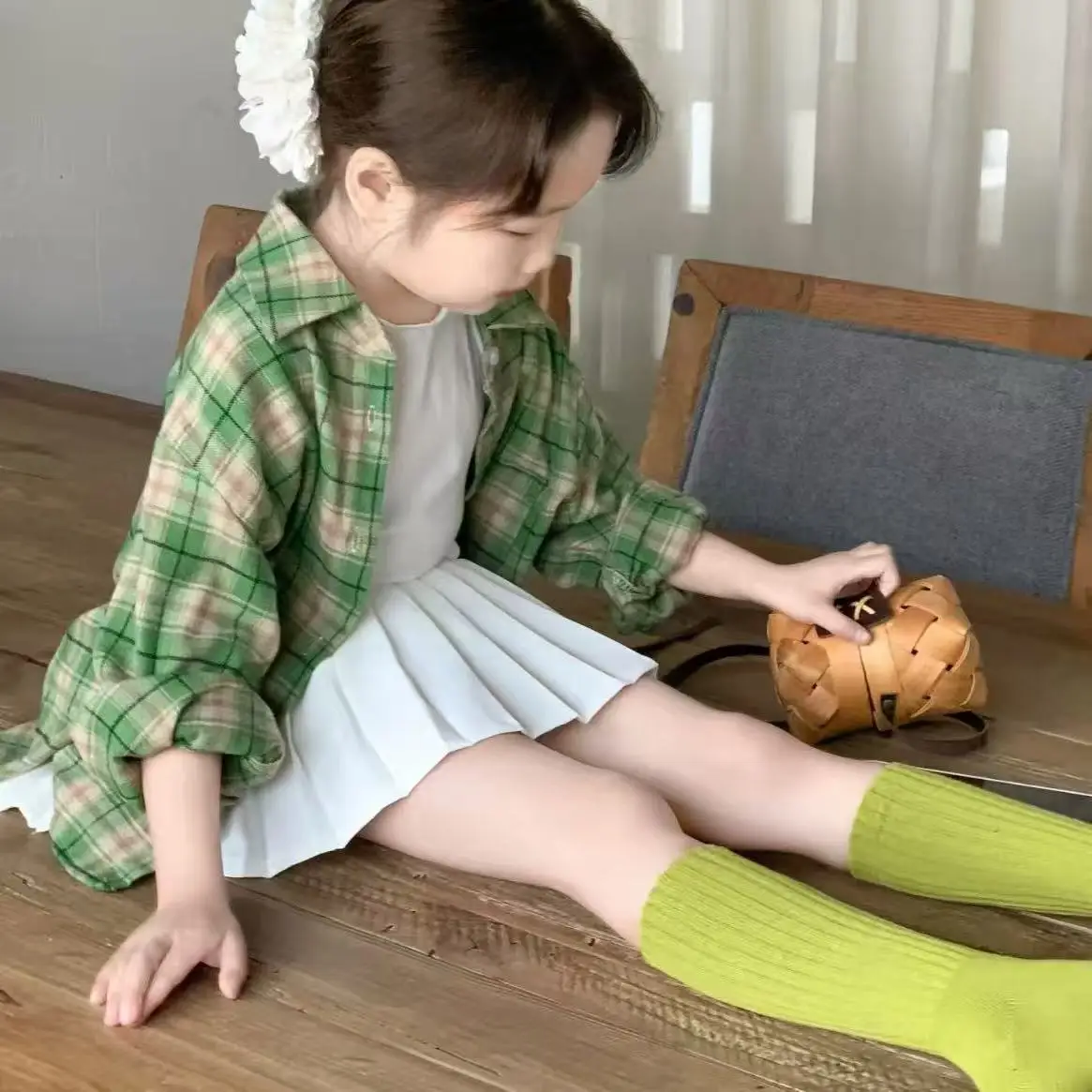 2026 뉴 키즈 여자아이 그린 체크 셔츠 아동 봄 가을 캐주얼 가디건 새로운 스트리트웨어 의류 공주풍 코튼 탑