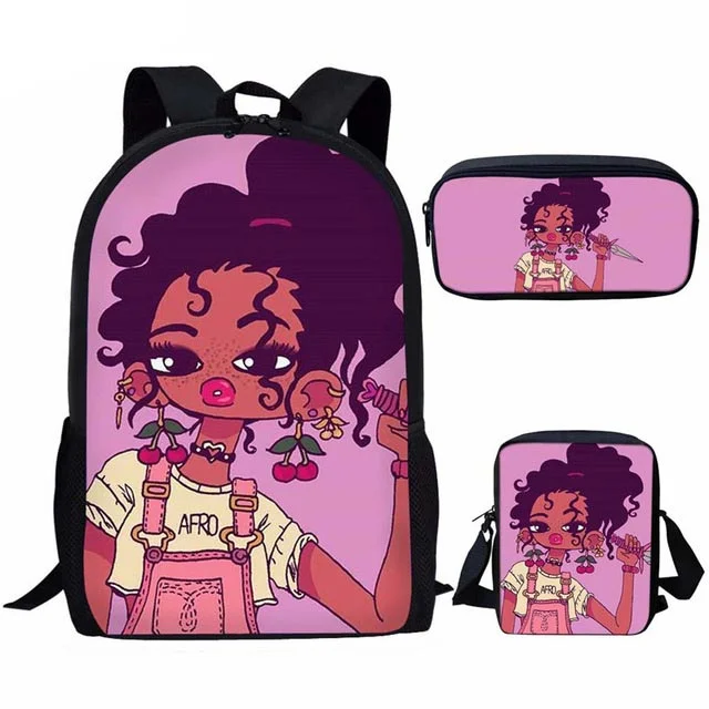 Dropshipping 1MOQ Wholesale Female Students Backpack African Girls Art Printing School Bags 3 PCs Set Book Bags for Kids School