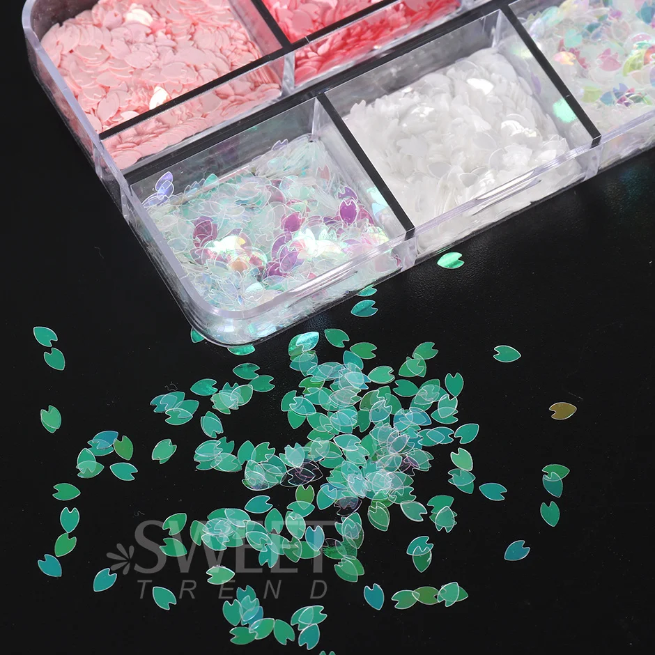 6 Grids Sakura Flower Petal Chip Nail Sequins Cherry Blossoms Glitter Stickers Spring Japanese Holographic Decor Flakes SAS128