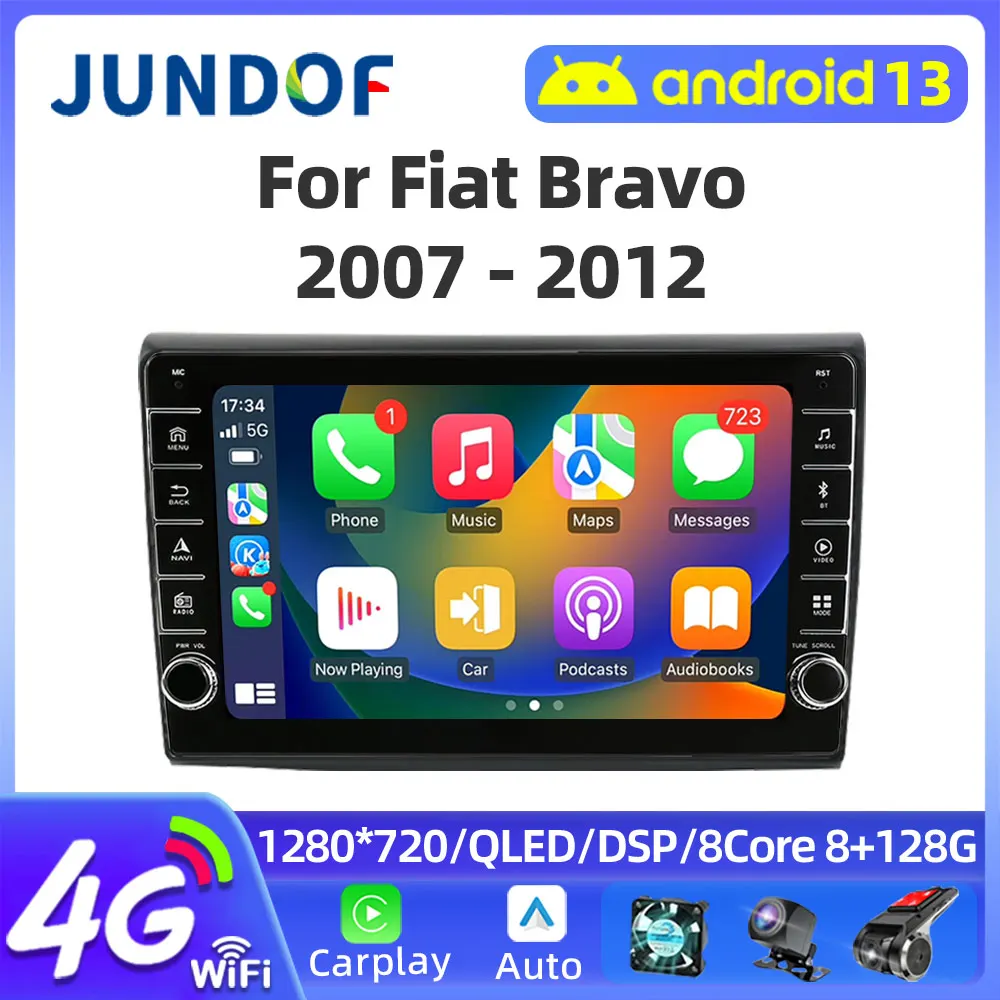 Car Radio Android 12 Carplay Multimedia Video Player 2 Din GPS Navigation For Fiat Bravo 2007-2012 Autoradio Audio Stereo 4G DVD
