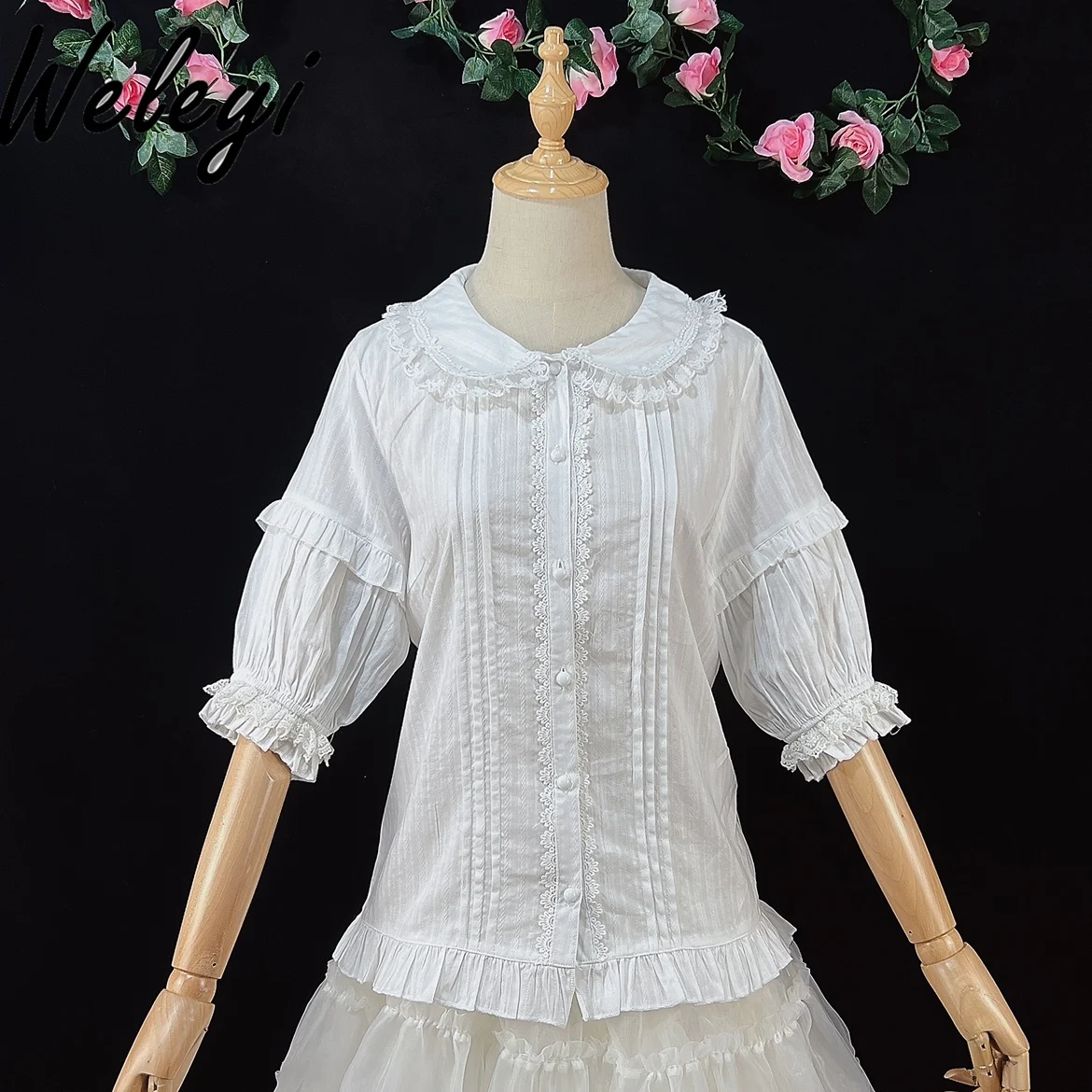 

Sweet Jirai Kei Bottom Shirt for Woman 2024 Summer New Sweet Women Jacquard Cotton Doll Neck Pure Color Short Sleeve Blouses