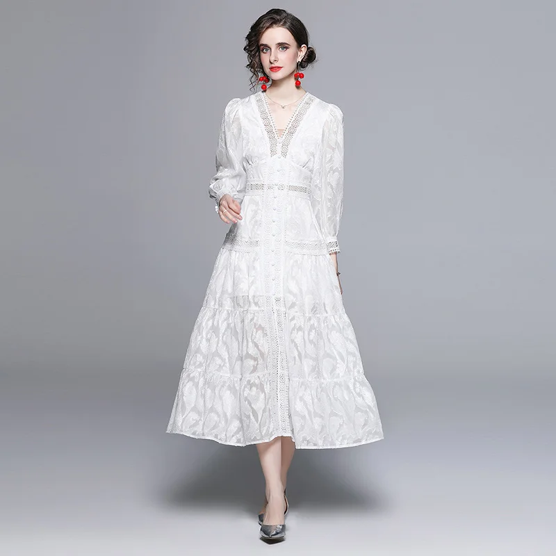

WTIANYUW Fashion Runway Summer Long Dress Women V Neck Puff Sleeve White Lace Patchwork Single Breasted Evening Party Dress
