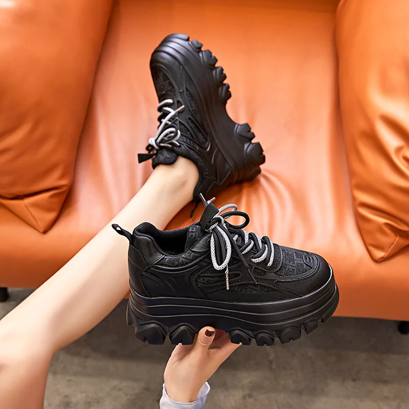 Thick soled dad shoes 2023 Spring New Versatile Casual Inner Heightenin Women's Shoes Genuine Leather Fried Street Cake Shoes