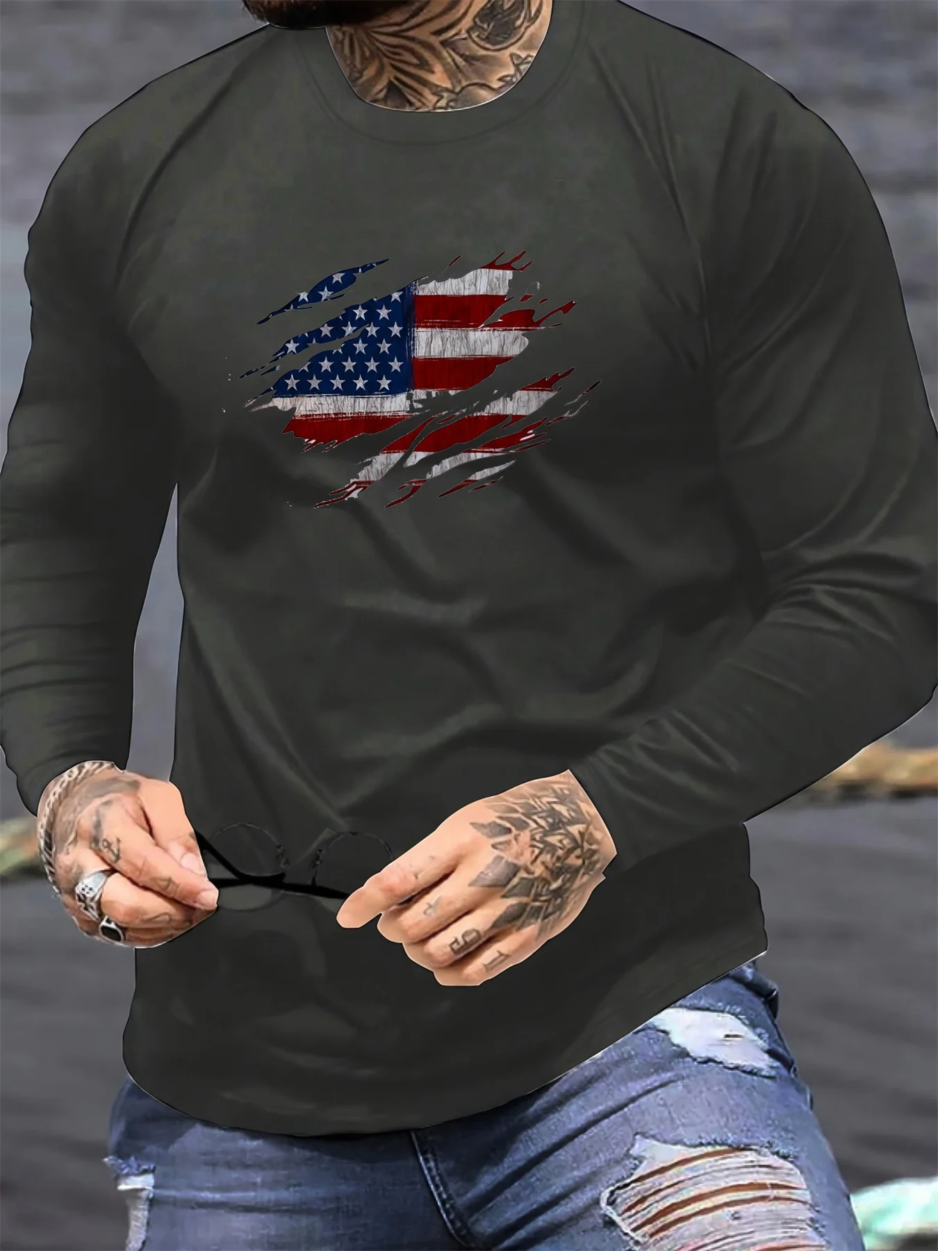 Men's 100% pure cotton loose and comfortable casual sports American flag pattern printed round neck long sleeved T-shirt top