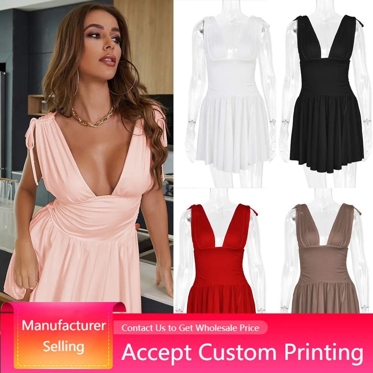 

Female Dresses Sexy Deep V-Neck Casual A Line Pleated Dresses Slim Fit Sleeveless Tie Up Solid Color Ruffled Short Dress
