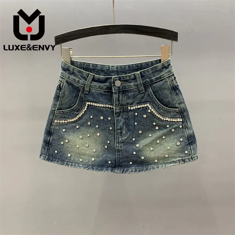 

LUXE&ENVY Diamond Inlaid Denim Skirt Women Spring/Summer 2023 New High Waist Shining Pants Skirt Slim A-line Short