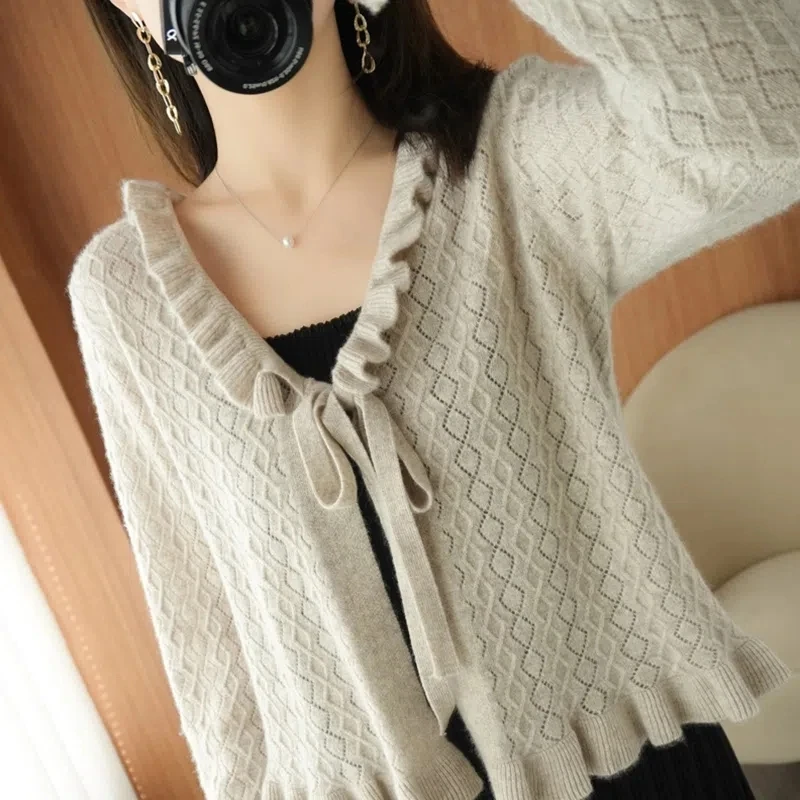 

Knitted Cardigan Women Autumn V-neck Casual Sweater Coat Korean Loose Jacket Falbala Solid Color Knitwear Long Sleeve Tops