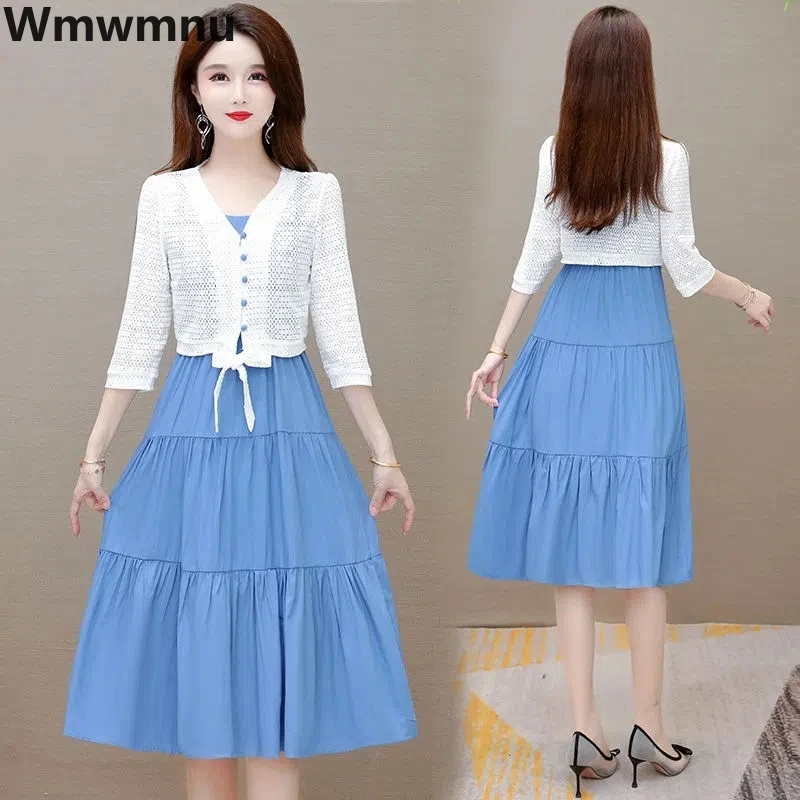 

Summer Casual Vestidos 2 Piece Set Lace Sunscreen Tops + Spaghetti Strap Midi Dress New Elegant Conjuntos Fashion Korean Suits