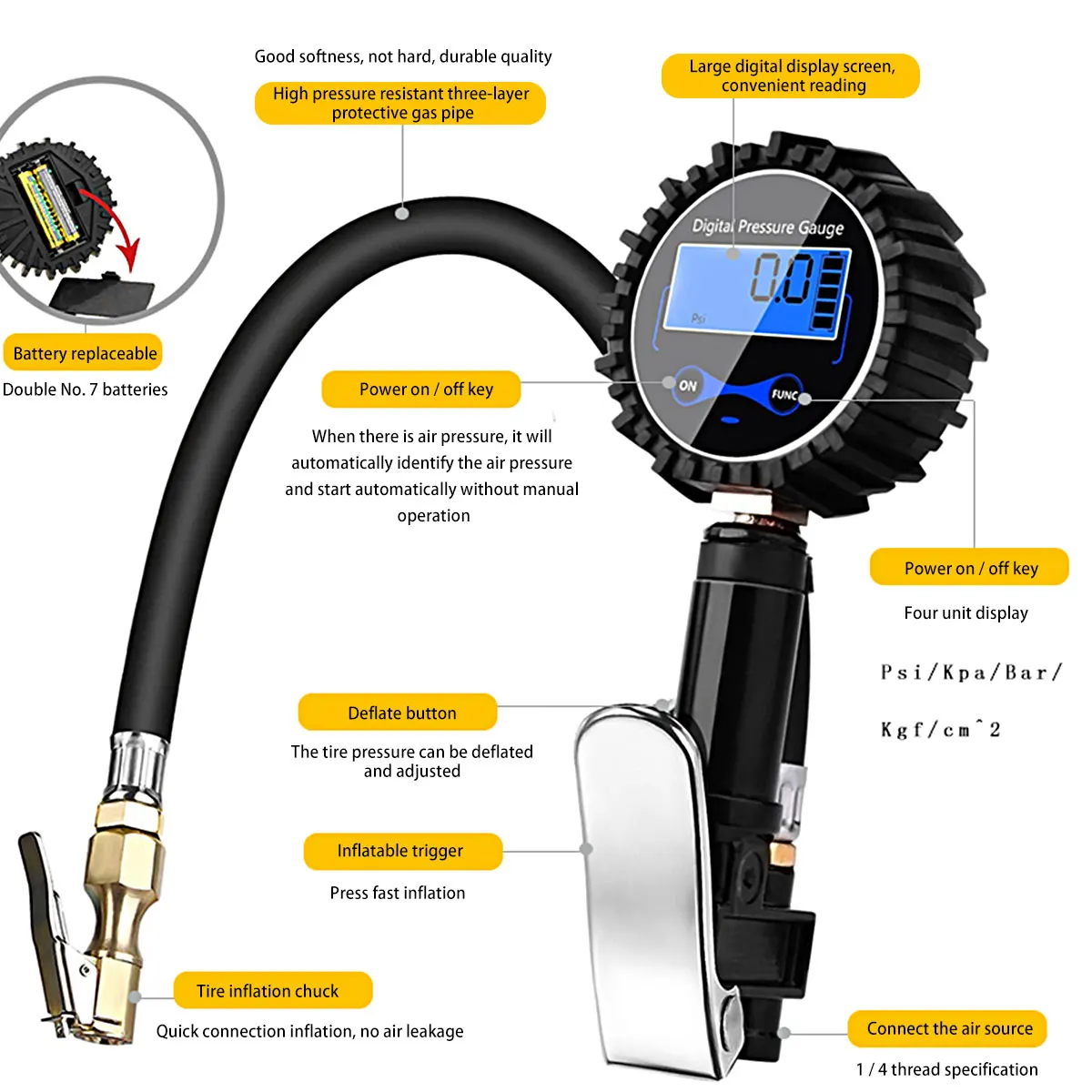 Dial Size Digital Pressure Gauge LCD Backlight Quick Connect Coupler 3-200 PSI Tire Inflator Air Chuck Compressor Accessories 5