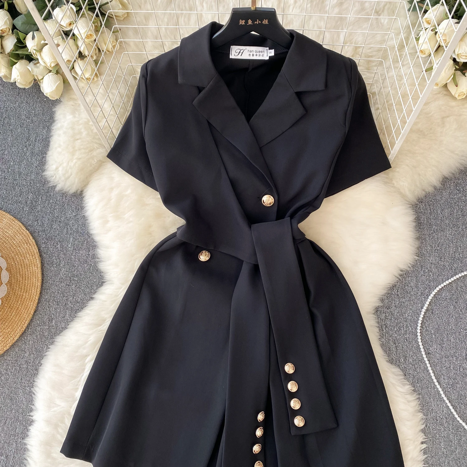 Retro Black Blazer Dress Women Lapel Short Sleeved Short Dresses Summer Casual Short Sleeve Slim Bandage Dress Vestidos