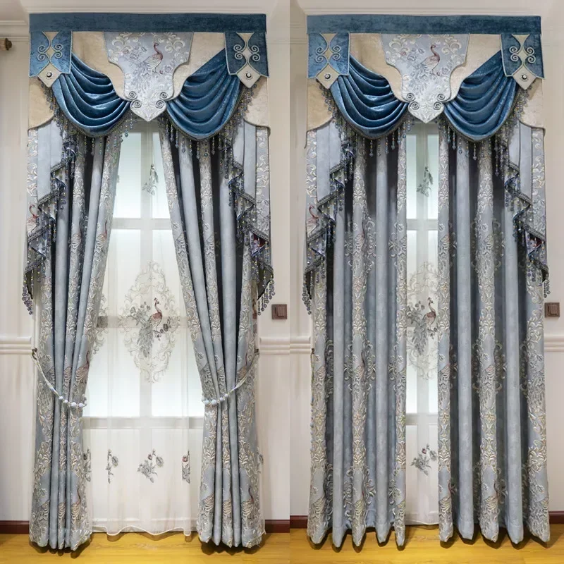 Luxurious Blue Jacquard Curtains for Living Room Bedroom Villa Thickened Blackout High Quality Customizable Curtains Tulle Decor 5