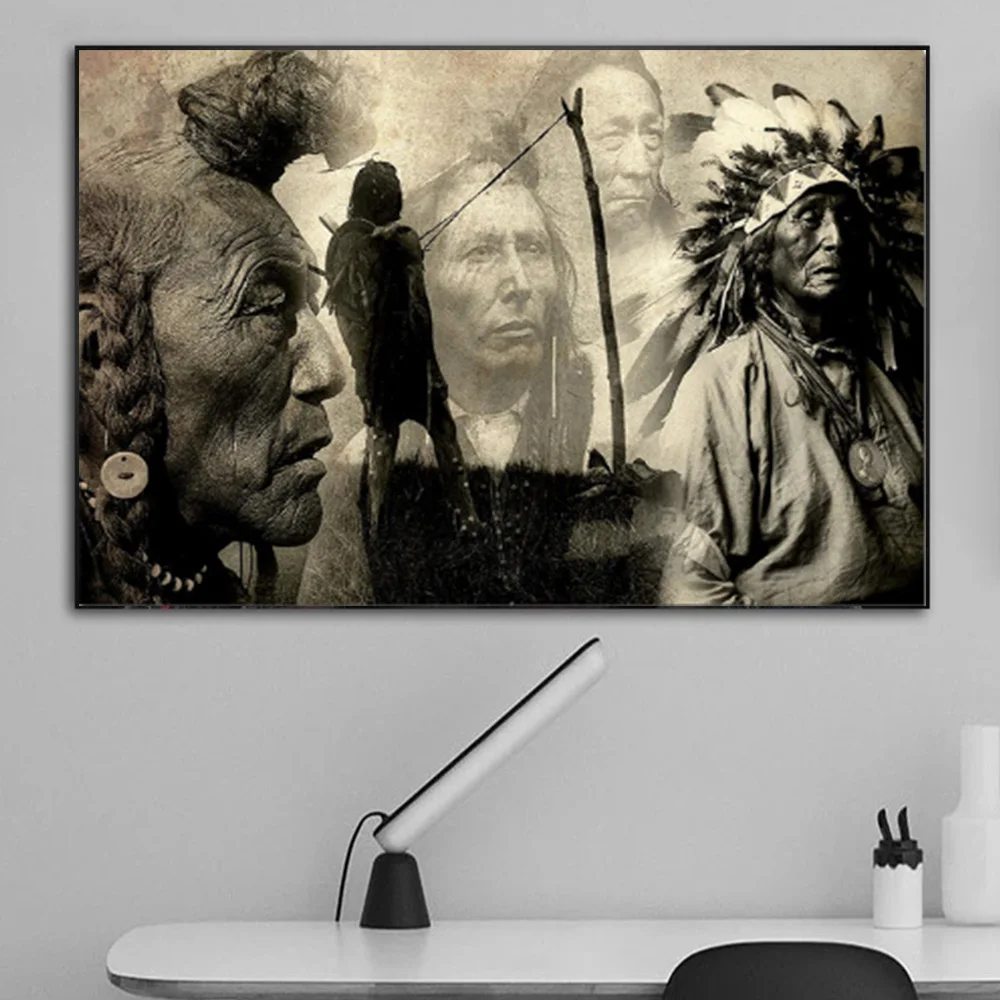 

Abstract Black And White Indians Portrait Canvas Painting Wall Art Vintage Posters Prints Pictures For Living Room Home Decor