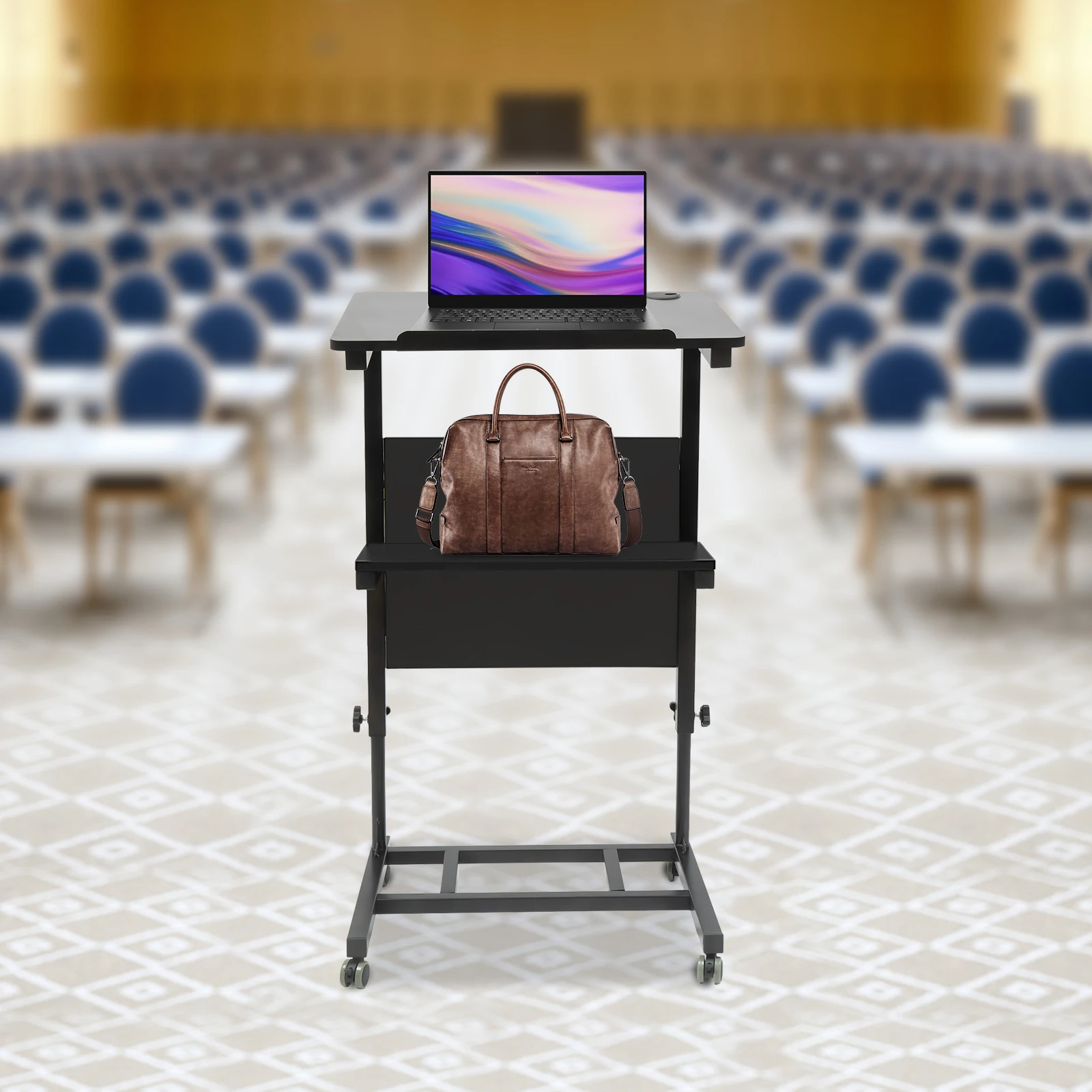 Mobile Stand Up Lectern Podium Ironwork Height Adjustable Desk with Wheels Podium Black Portable