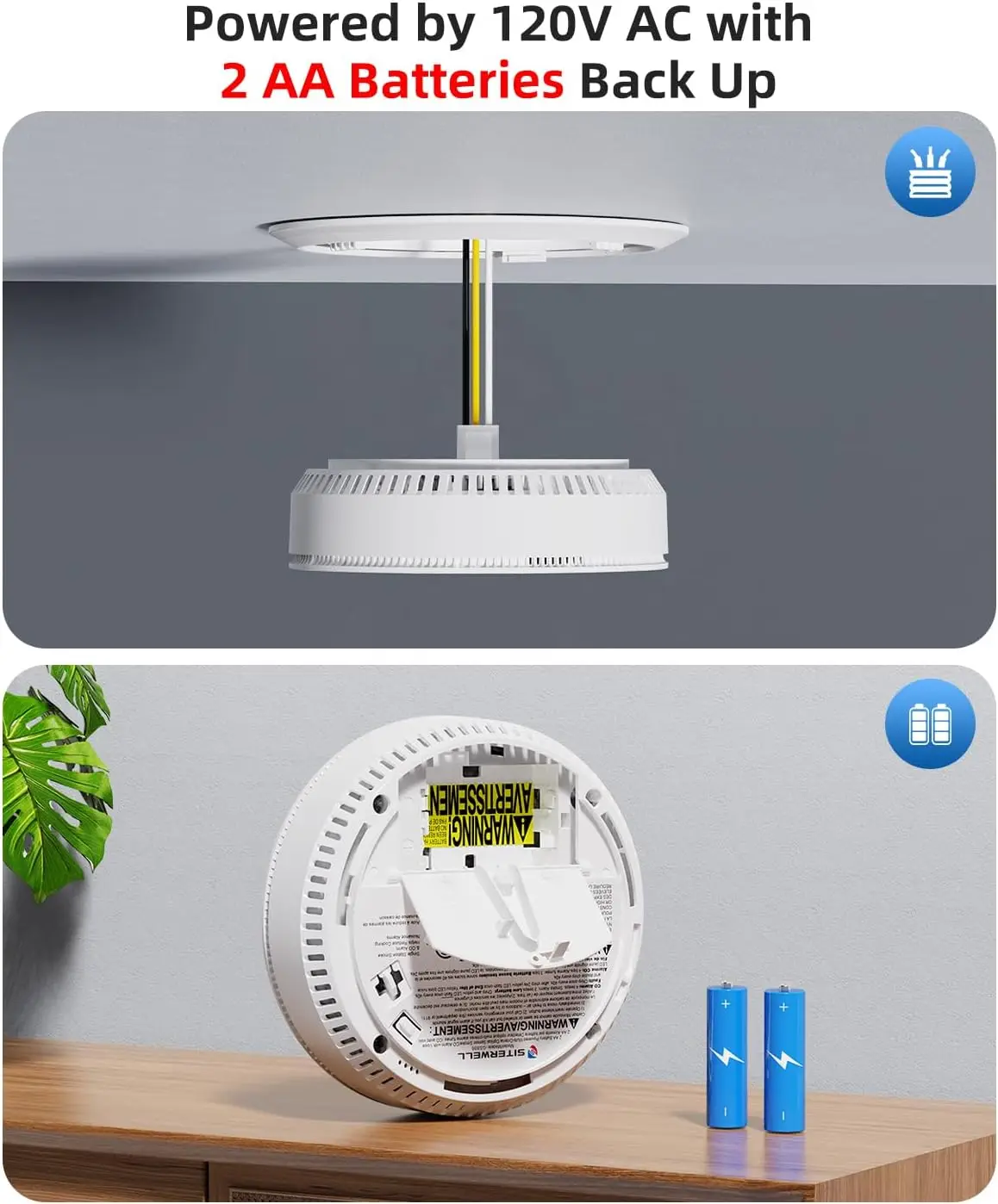 Smoke Detector Carbon Monoxide Detector Combo with 2 AA Batteries Back Up, 2 in 1 Smoke
