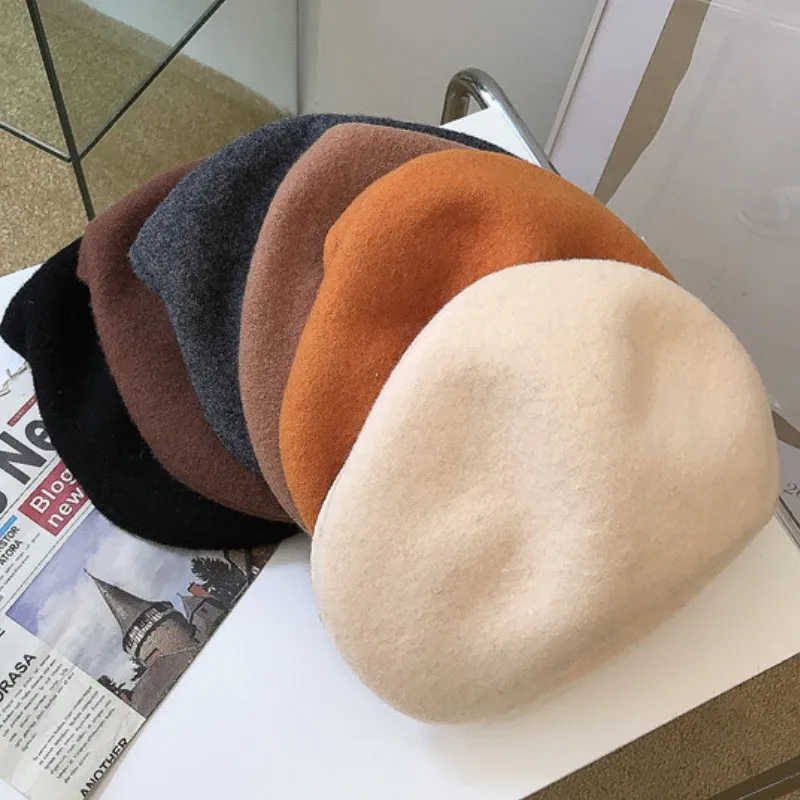 Autumn Winter Wool Beret Hats For Women Men Front Back Two Ways To Wear Short Brim Flat Roof Warm Unisex beret hat woolen beret wool caps