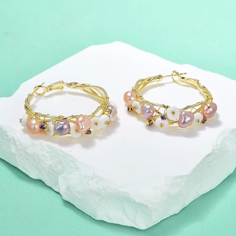 Natural pearl Shell flower pearl earrings colorful braided dazzling starry personality niche retro court style