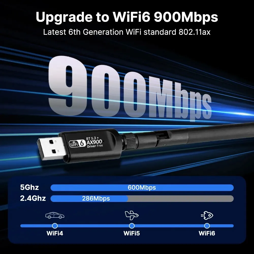 WiFi USB 어댑터 AX900 Bluetooth 5.3 무선 듀얼 밴드 2.4G/5GHz Wi-Fi 안테나 PC/노트북 드라이버 용 USB 동글 수신기 무료