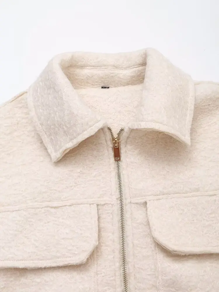 Women Fashion Beige Zipper Jackets Coat With Pockets Female Vintage Turn-Down Collar Long Sleeves Lady Chic Outwear Streetwear