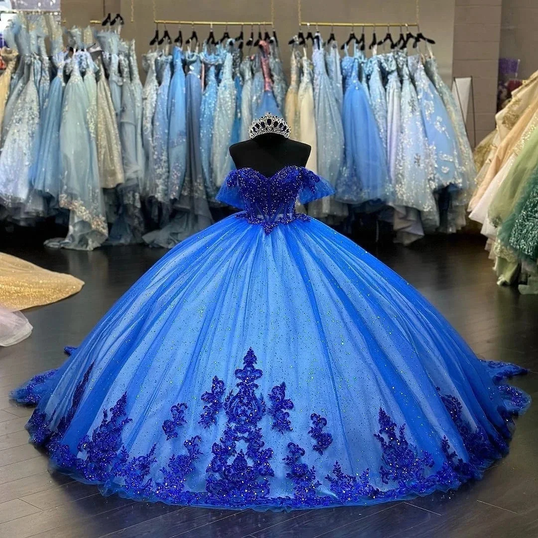 

Exquisite Royal Blue Quinceanera Dresses Ball Gown Applique Beading Crystals Birthday Party Prom Gown Corset Vestidos De 15 Anos