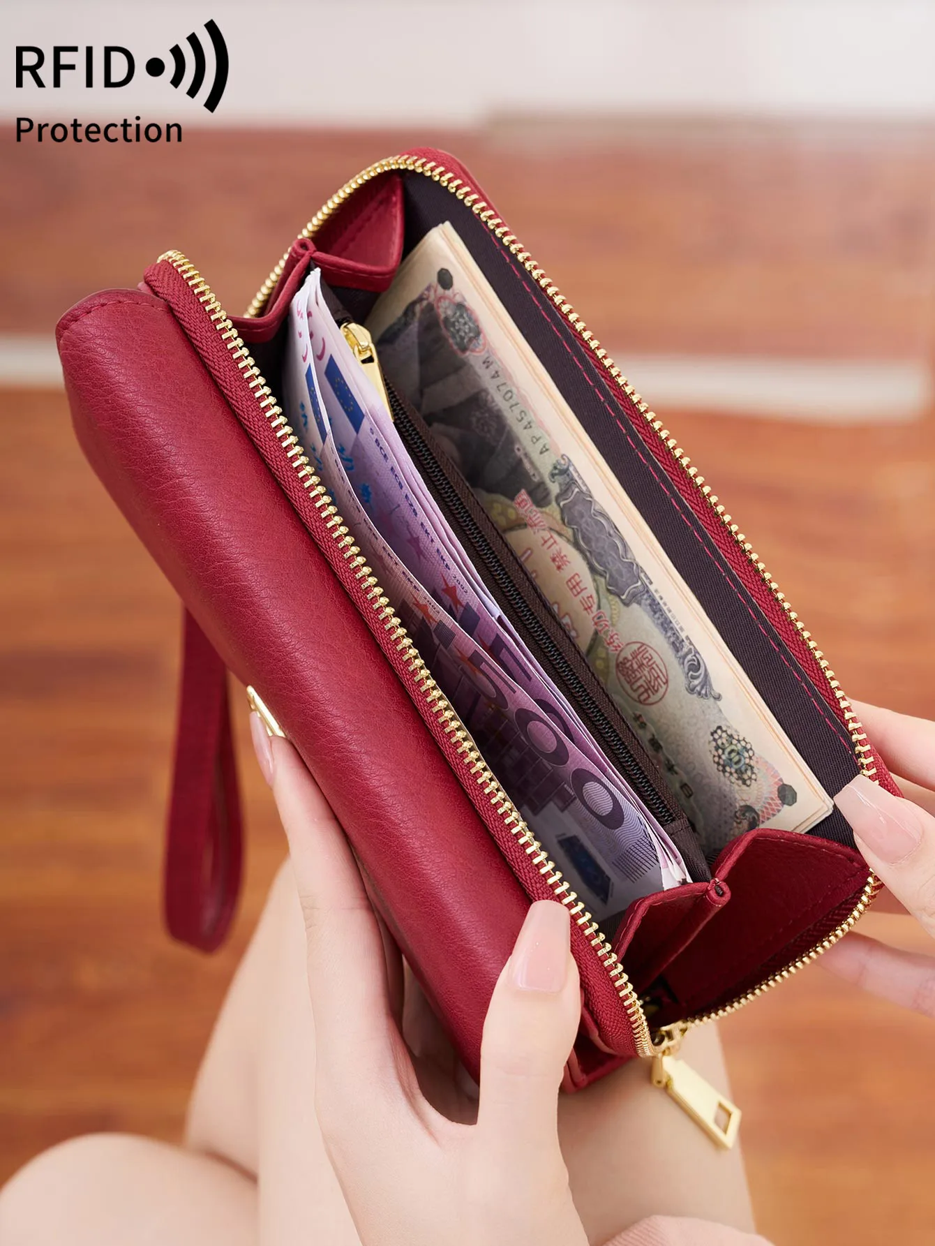 Alldialy RFID 24-Card Wristlet Wallet For Women - Large Capacity, Vegan Leather, Dark Pink