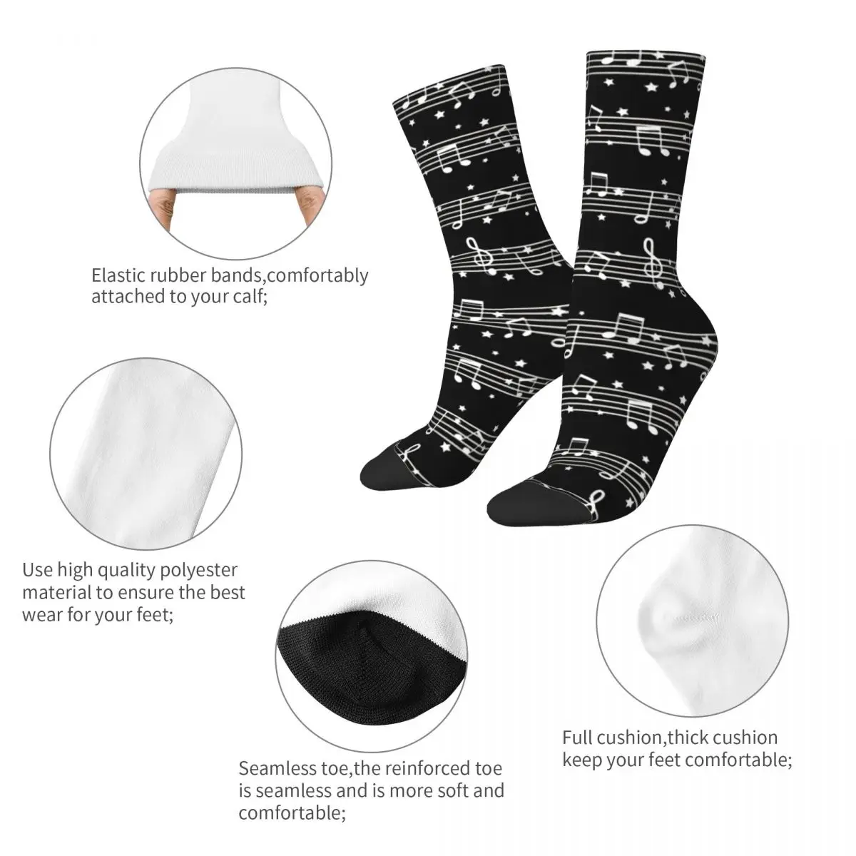 Funny Crazy Sock for Men White On Black Hip Hop Harajuku Music Notes Happy Pattern Printed Boys Crew Sock Novelty Gift