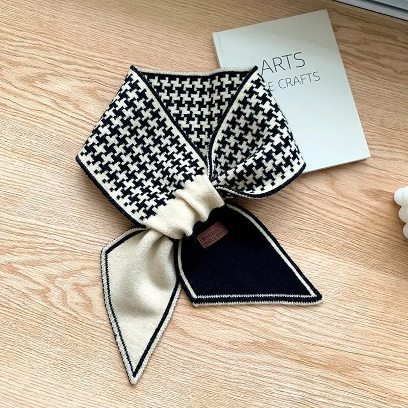 Women Neck Scarf Warm Cashmere Neck Tie Scarf For Women Plaid Neckerchief Knitted Long Skinny Small Scarves Bandana Female