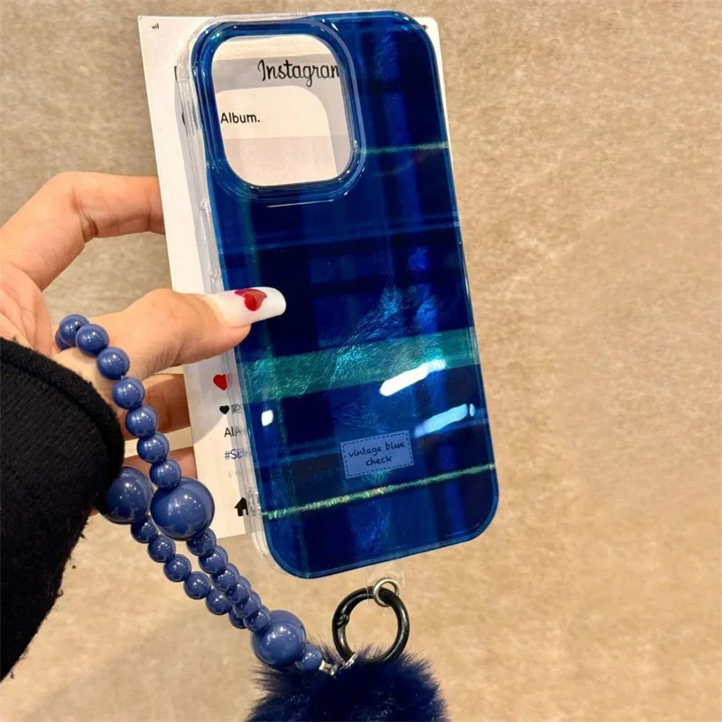 Whirlpool Klein Blue Grid Phone Case with Plush Ball Chain Accessory