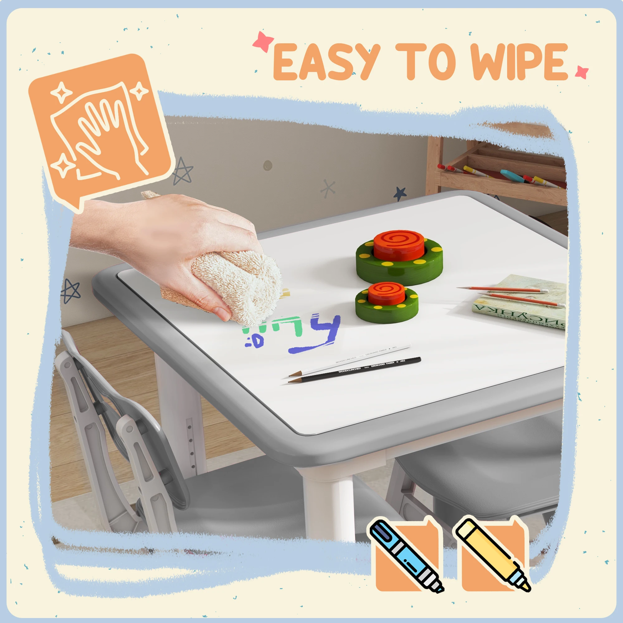 AIYAPLAY Kids Table and Chair Set, 3 Pcs Height Adjustable Set with 2 Chairs, Easy to Wipe Arts & Crafts Table - Grey