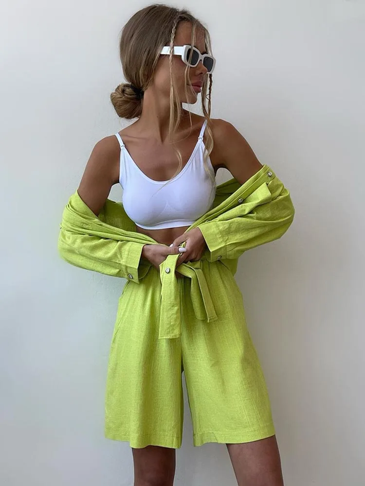 Sommer frauen Anzug Hemd und Kurze Sets Einfarbig Casual Baumwolle und Leinen Bluse und Shorts Zwei Stück Sets frauen Outfit 2023