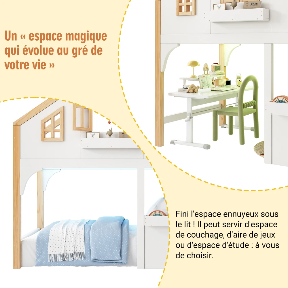 Nordisches 90x200cm Etagenbett in Fensterform mit LED-Beleuchtung & Stauraum-Treppe für Kinder – Fotomöbel – Detail 16