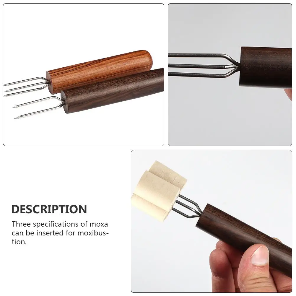 2 Pcs Moxibustion Fork Wood Handle Three Cone Prong Moxa Roll Extender Moxibustion Extension Needle Massage Tools Accessories