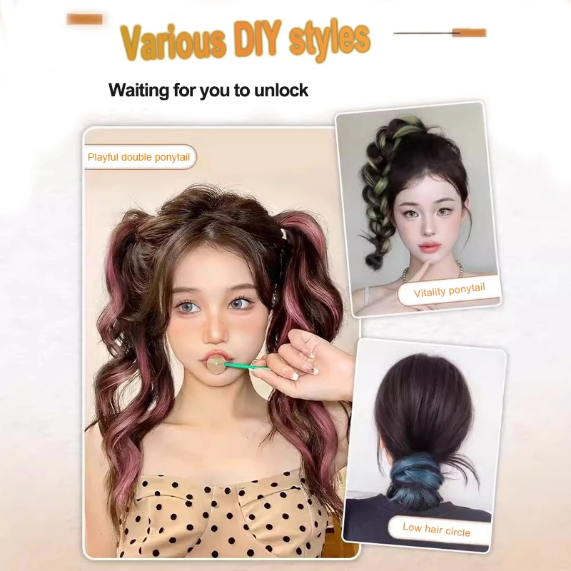 LUPU 18-inch Rainbow Long Curly Ponytail Hair Extensions Synthetic Rubber Band Style for Fashion Party Role-Playing