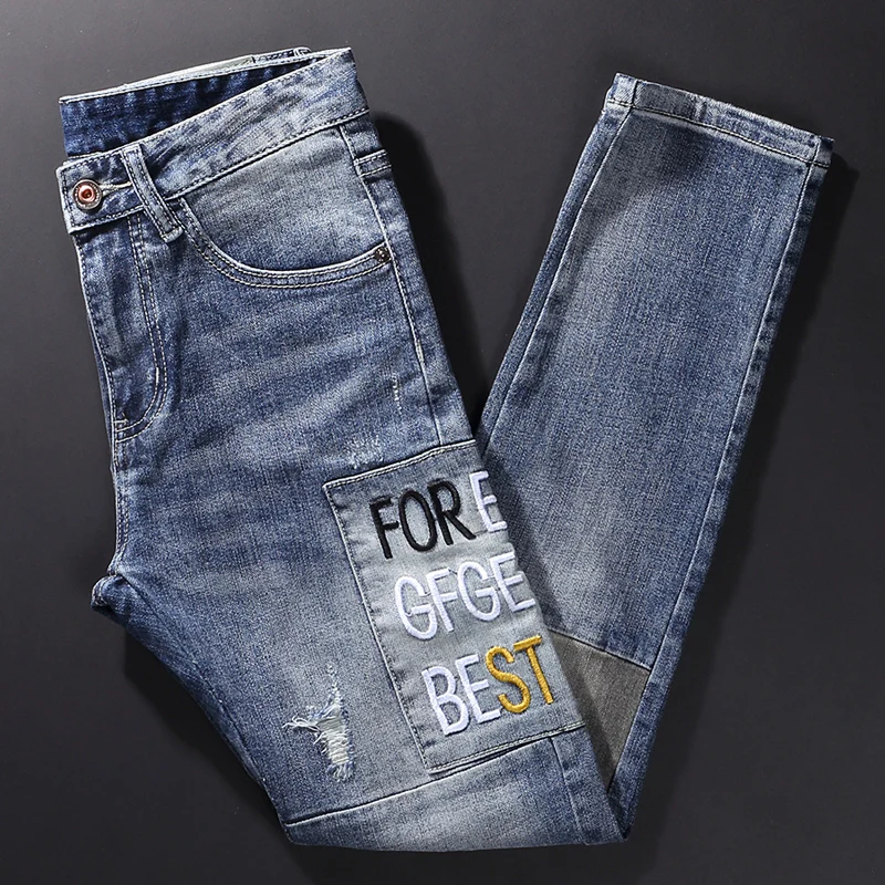 

Streetwear Fashion Men Jeans Retro Blue Spliced Designer Elastic Slim Ripped Jeans Men Camouflage Patched Hip Hop Denim Pants