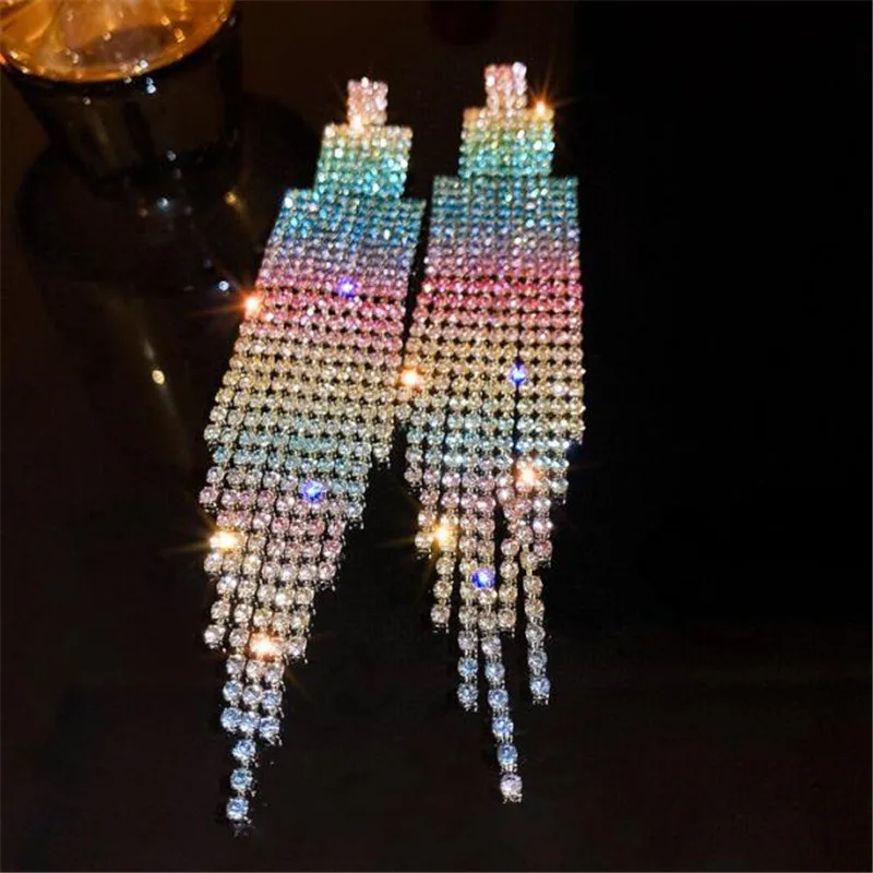 Rainbow Fringe Earrings, Extra Long Beaded Statement Jewelry...