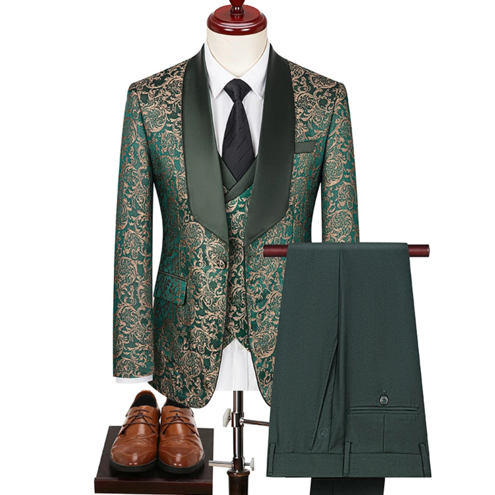 

Elegant Shawl Lapel Men Suits 3 Piece Luxury One Button Jacquard Male Suit Slim Fashion Party Dinner Wedding Groom Tuxedo