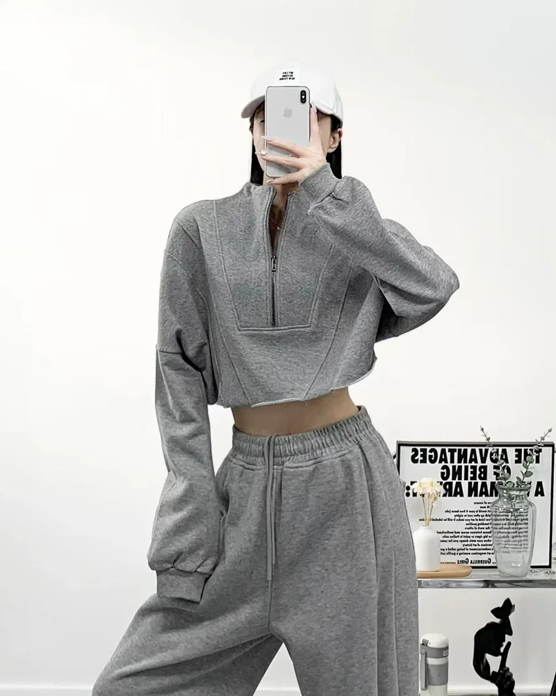 Sun-imperial Oversized Half Zip Cropped Sweatshirt Drop Shoulder With Raw Hem Detail