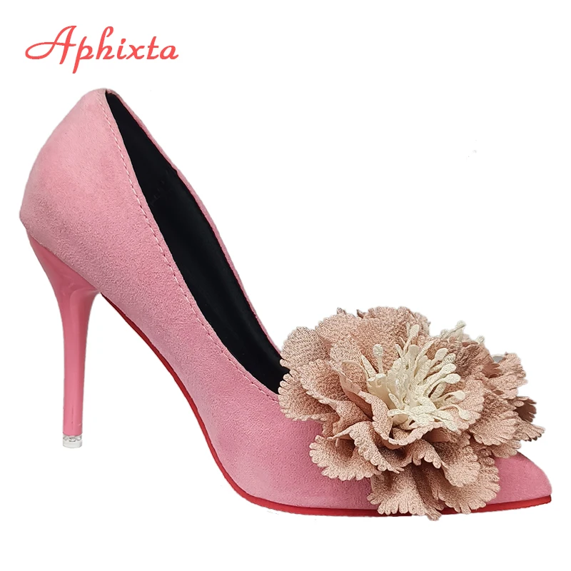 Aphixta Hot Sale Flowers Super Hight 10cm/12cm Stiletto Heels Pumps Sex Change Women Flock Office Casual Shoes Big Size 49 50