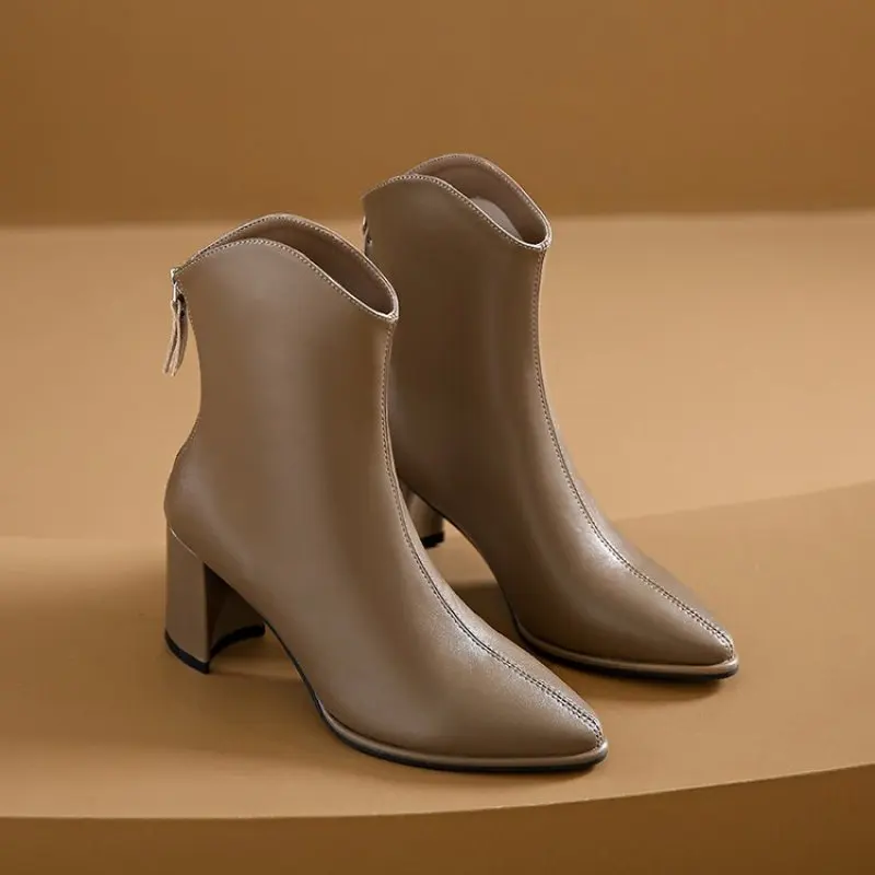 Ankle Boots for Women's Thick Heel Spring Summer Autumn Single Boots 2023 New Pointed High Heels 7CM Nude Shoes Mid-heel Fashion