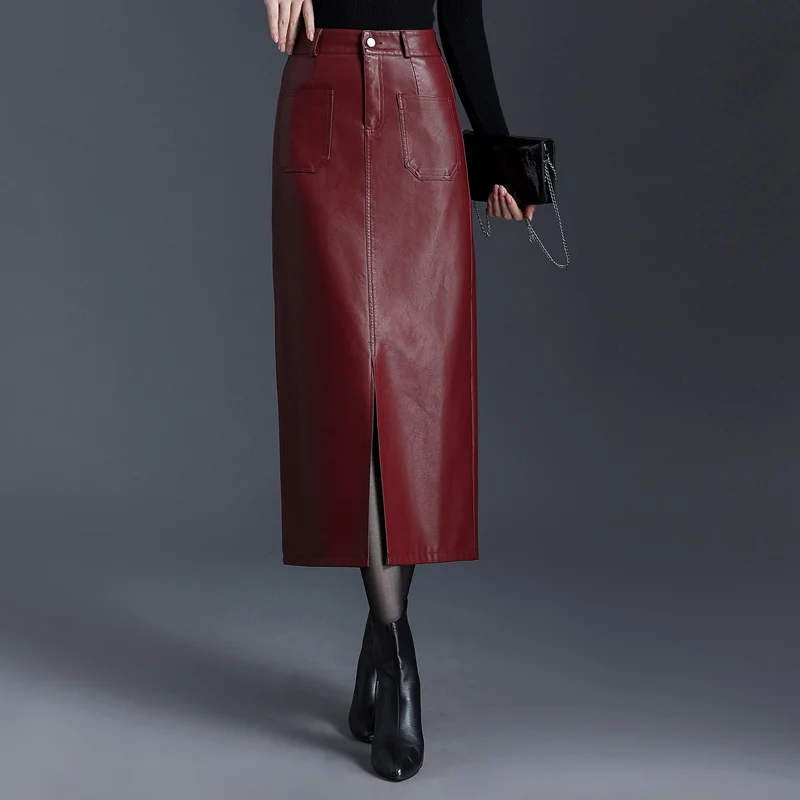 ZUZK Women Long PU Leather Bodycon Skirts New Fall Winter Front Slit High Waist Straight Fashion Skirt Pocket Warm Pu Skirt