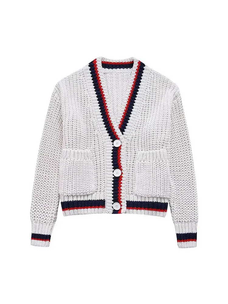 

Female Spring Casual Knit Cardigan Pockets Elegant Single Breasted White V-Neck Long Sleeves Sweater Coats Women's 2024 Trendy