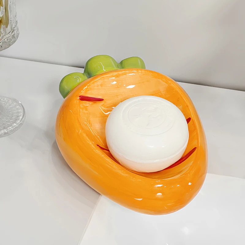Ceramic Cute Cartoon Carrot Shaped Soap Dishes Storage Rack, Home Bathroom Supplies Creative Light Luxury Drain No Punching, 1Pc